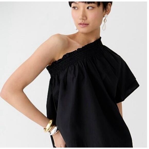 NWT J. Crew Black Smocked Ruffle Short Sleeve One Shoulder Crop Top Size XXL - Picture 2 of 6